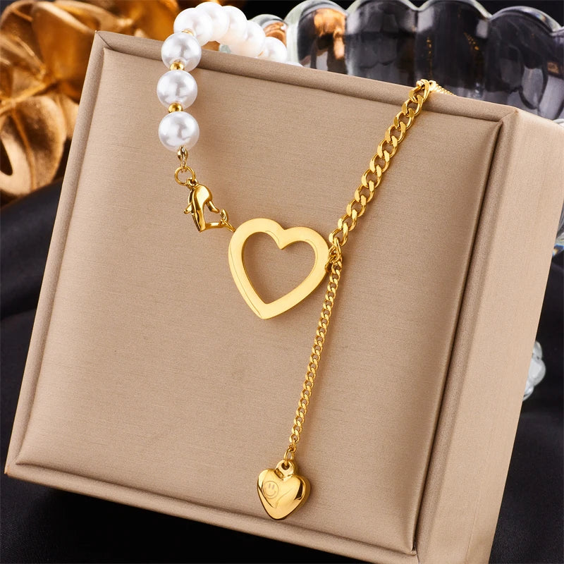 DIEYURO 316L Stainless Steel Gold Color Heart Pearl Pendant Necklace For Women Punk Street Rustproof Neck Jewelry Party Gift