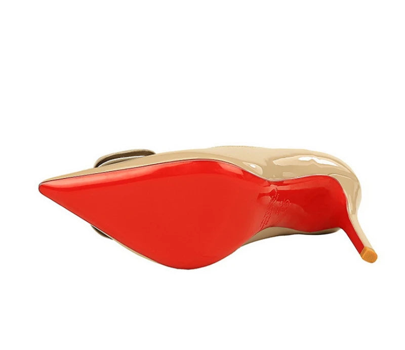 European And American Style Banquet Temperament Pointed Toe High Heels Single Shoes Patent Leather V-Buckle Sexy Women's Shoes