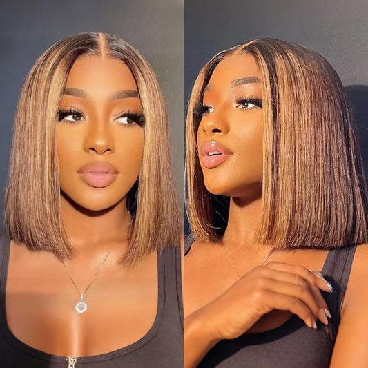 Peruca reta Bob com mechas Ombre, densidade 200%, 13x4 HD, renda frontal, 4/27, loira mel, brasileira, cabelo humano 100% pré-arrancado