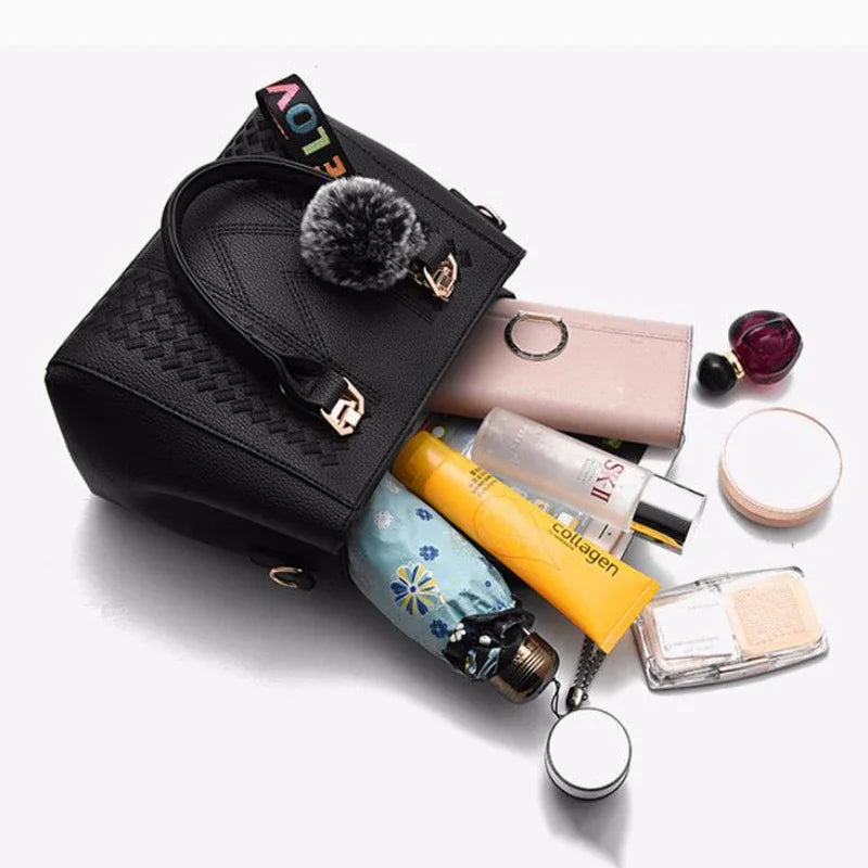 1PCS handbag Embroidery Messenger Bags Women Leather Handbags Bags for Women Sac a Main Ladies hair ball Hand Bag