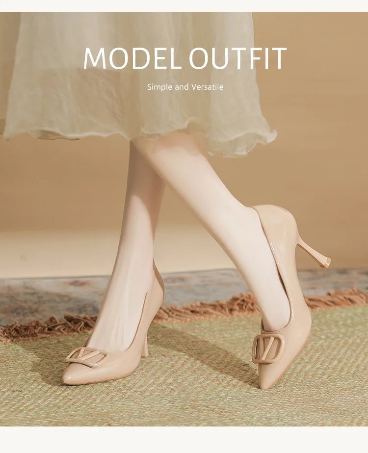2025SS Ladies Latest 6-10CM Elegant Women's Nude Patent Leather Pumps V-Buckle Pointed Toe Thin Heel Niche Unique Design Shoes