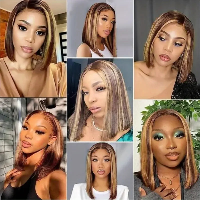 Peruca reta Bob com mechas Ombre, densidade 200%, 13x4 HD, renda frontal, 4/27, loira mel, brasileira, cabelo humano 100% pré-arrancado