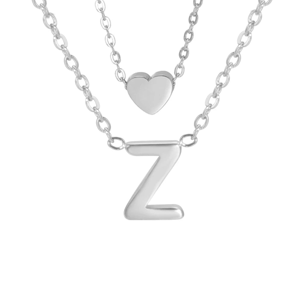 Amaxer Initial Letter Heart Pendant Double Layer Necklace For Women Girl A-Z Alphabet Stainless Steel Choker Collar Jewelry Gift