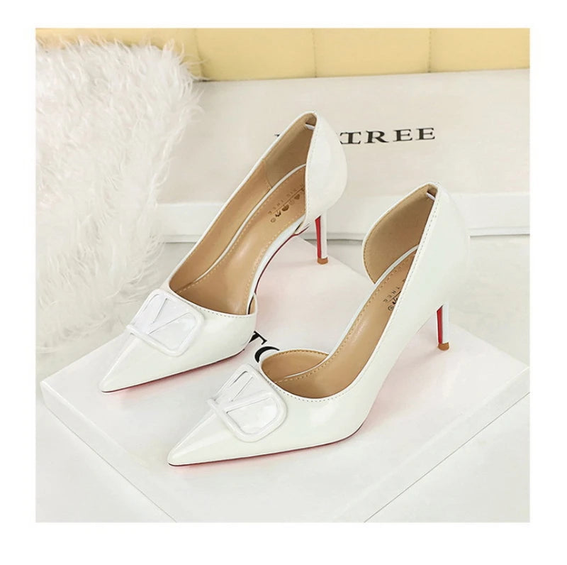 French Square Buckle Side Empty Slim Heel High Heels Women's Shoes Patent Leather Shiny Pointed Toe Shallow Mouth Single Shoes