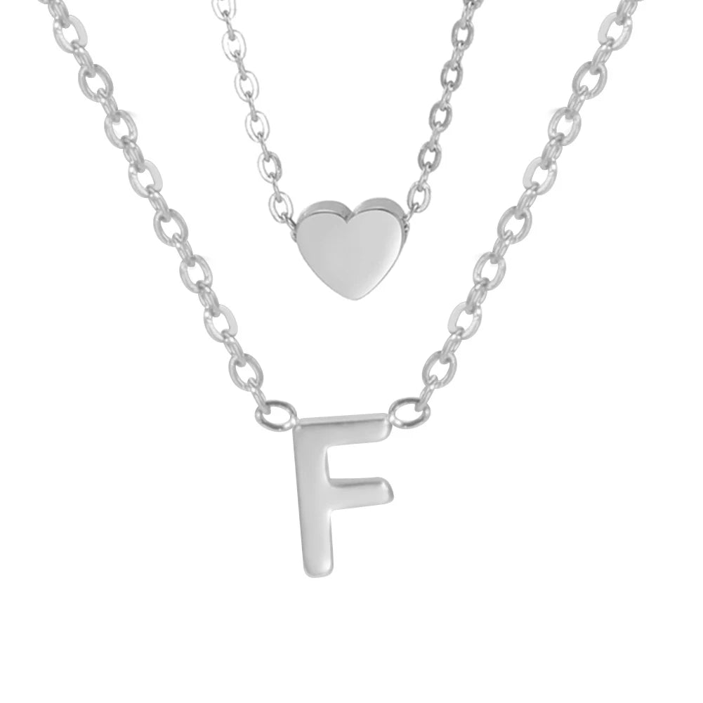 Amaxer Initial Letter Heart Pendant Double Layer Necklace For Women Girl A-Z Alphabet Stainless Steel Choker Collar Jewelry Gift