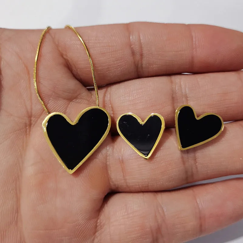 316L Stainless Steel Trend Black Big Heart Pendant Titanium Light Luxury Simple Versatile Necklace Stud Earrings Set