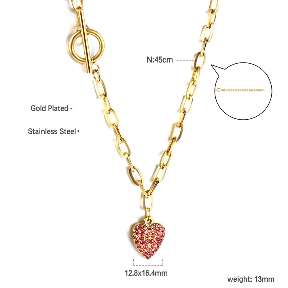 LUXUSTEEL New Stainless Steel Heart Pendant Necklace for Women Girls Temperament CZ Crystal Charm Choker Fashion Jewelry Gifts