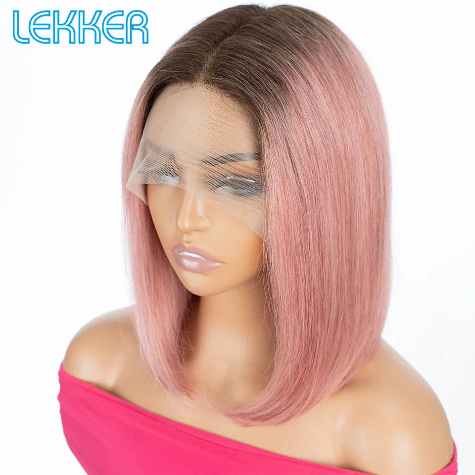Lekker Highlight Brown Straight Bob 13x1 T Part Lace Front 100% Human Hair Wigs For Women Brazilian Remy Hair Colored Bob Wigs