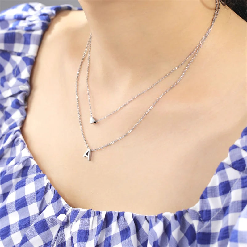 Fashion Tiny Heart Initial Necklace Gold Silver Color Multilayer Letter Choker Necklace For Women Charm Pendant Jewelry Gift