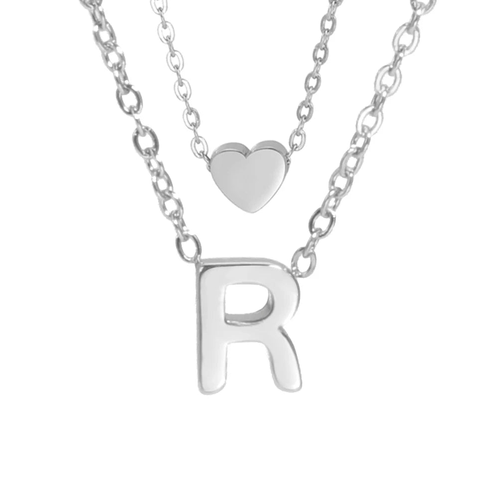 Amaxer Initial Letter Heart Pendant Double Layer Necklace For Women Girl A-Z Alphabet Stainless Steel Choker Collar Jewelry Gift