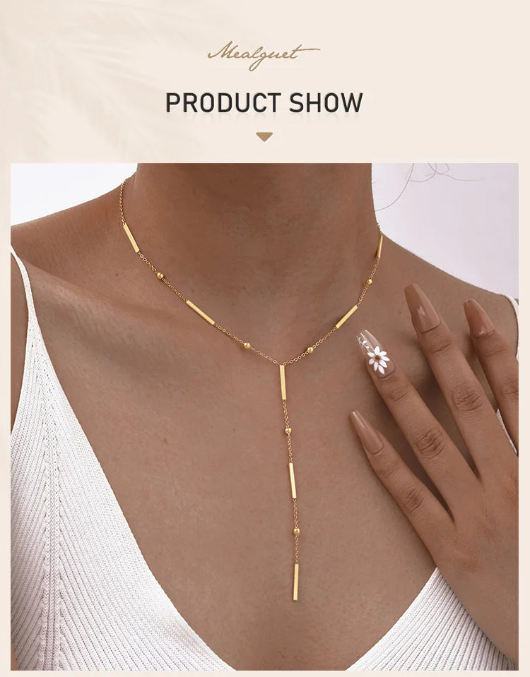 Beaded Long Chain Y Shape Necklace For Women, Minimalist Drop Bar Pendant Choker Necklaces, Clavicle Chain Jewelry