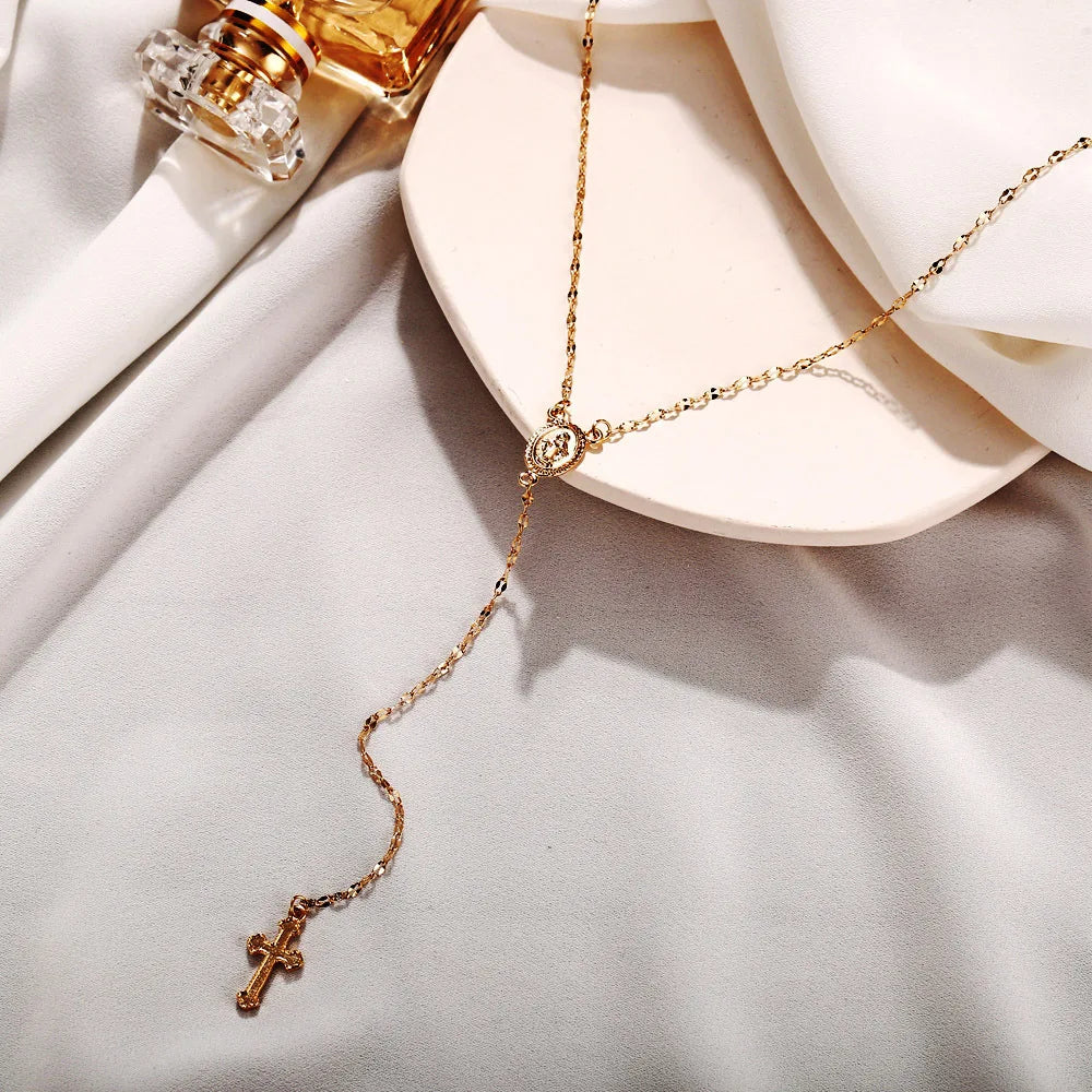 2024 New Fashion Vintage Christian Cross Bohemia Religious Rosary Pendant Necklace For Women Charm Jewelry Gifts
