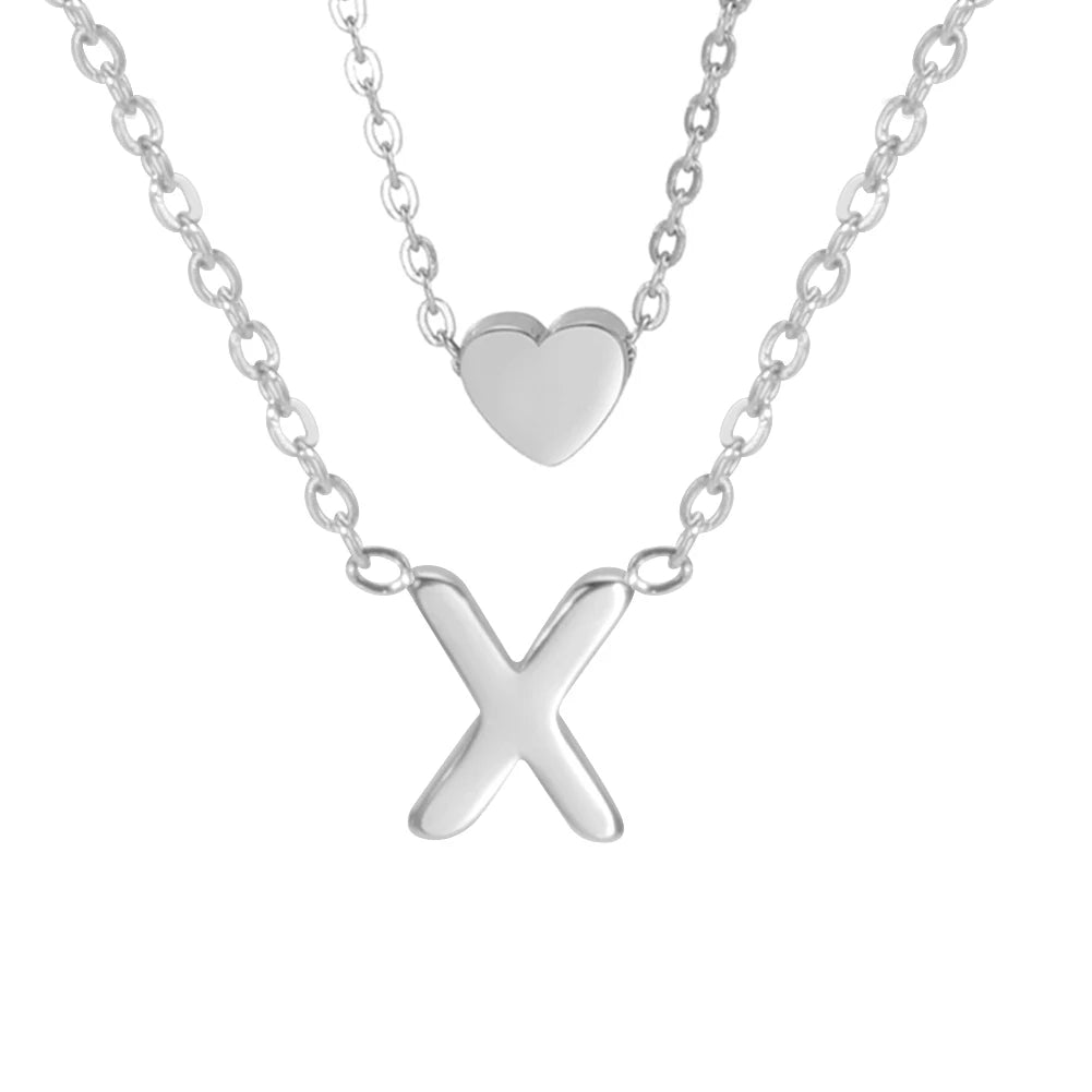 Amaxer Initial Letter Heart Pendant Double Layer Necklace For Women Girl A-Z Alphabet Stainless Steel Choker Collar Jewelry Gift