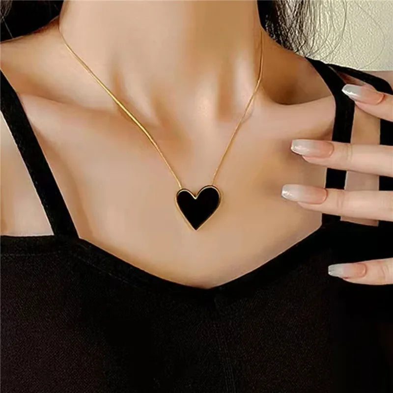 316L Stainless Steel Trend Black Big Heart Pendant Titanium Light Luxury Simple Versatile Necklace Stud Earrings Set