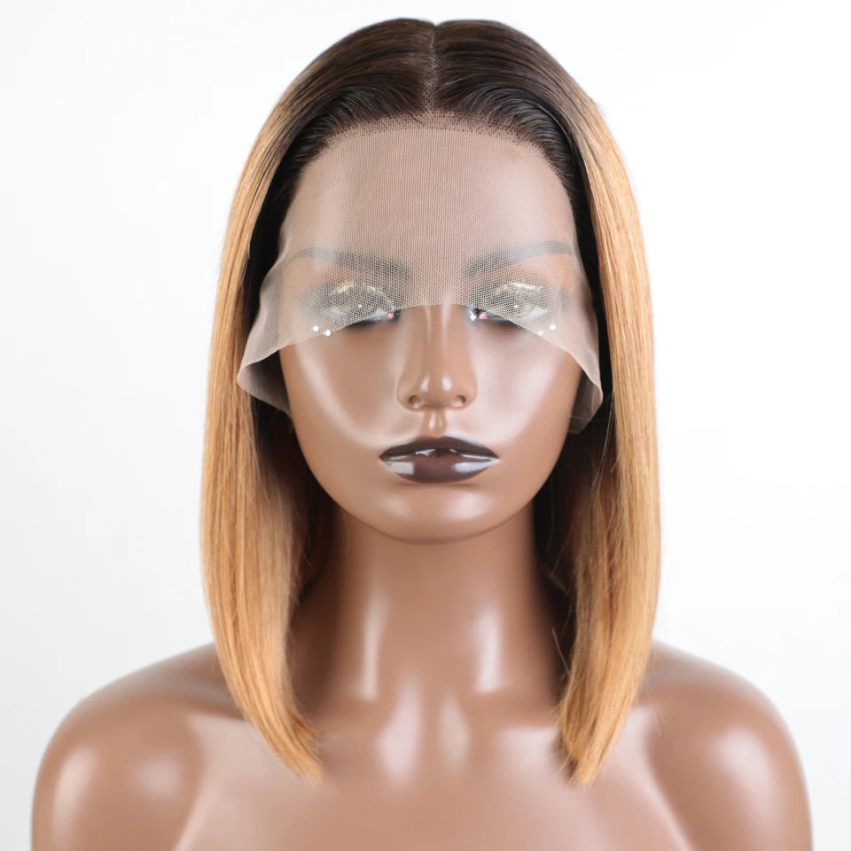 Lekker Highlight Brown Straight Bob 13x1 T Part Lace Front 100% Human Hair Wigs For Women Brazilian Remy Hair Colored Bob Wigs