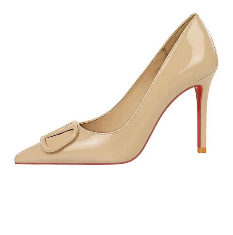 European And American Style Banquet Temperament Pointed Toe High Heels Single Shoes Patent Leather V-Buckle Sexy Women's Shoes