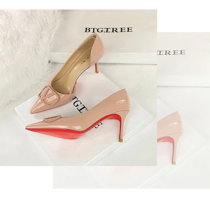 French Square Buckle Side Empty Slim Heel High Heels Women's Shoes Patent Leather Shiny Pointed Toe Shallow Mouth Single Shoes