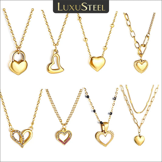 LUXUSTEEL New Stainless Steel Heart Pendant Necklace for Women Girls Temperament CZ Crystal Charm Choker Fashion Jewelry Gifts