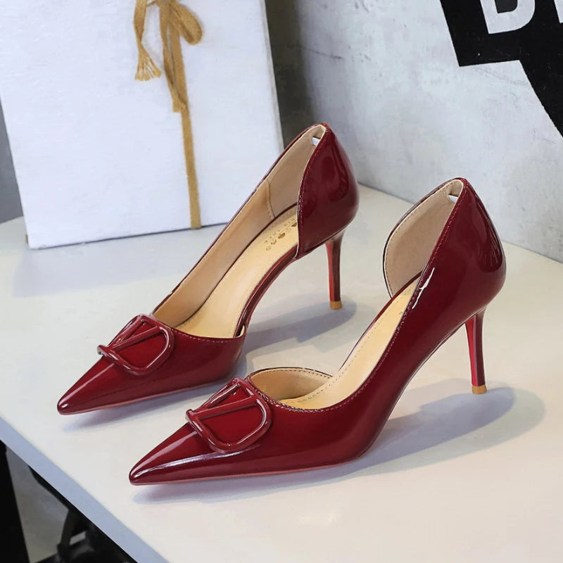 French Square Buckle Side Empty Slim Heel High Heels Women's Shoes Patent Leather Shiny Pointed Toe Shallow Mouth Single Shoes