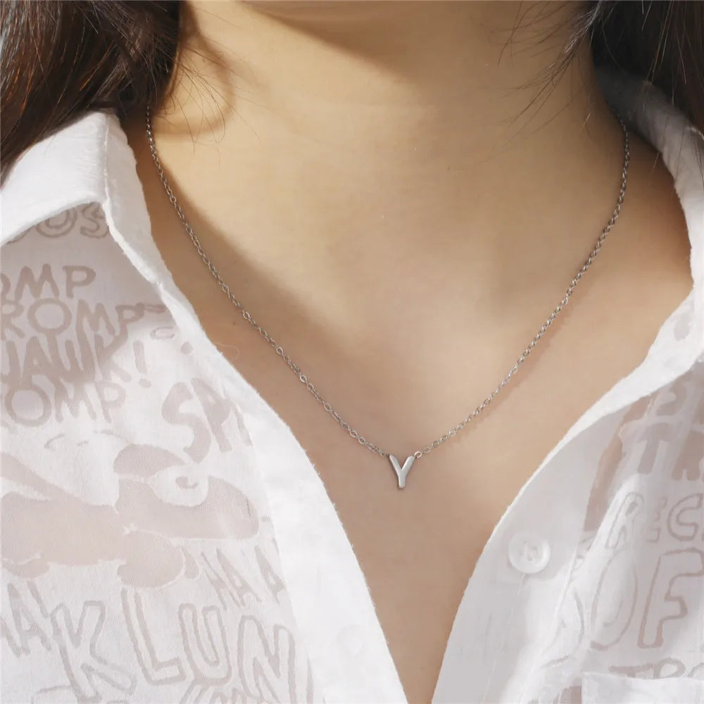 Skyrim Stainless Steel A-Z Initial Letter Necklace for Women Trend Minimalist Alphabet Choker Neck Chain Jewelry Birthday Gift