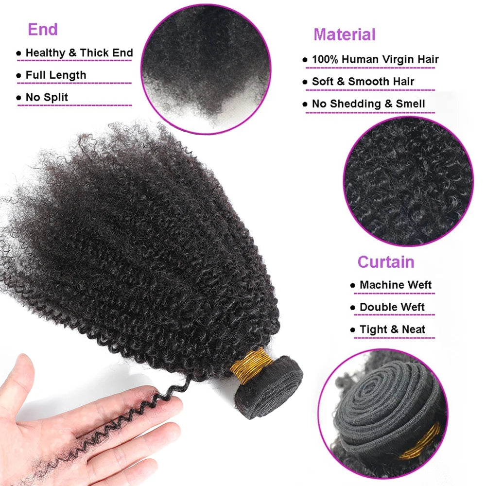 Pacotes de cabelo humano afro indiano cru, cacheado, crespo, 4B e 4C, natural, virgem, cacheado, 100% cabelo humano macio, trama de extensão capilar