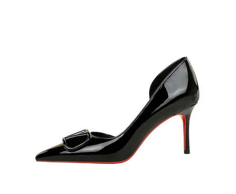 French Square Buckle Side Empty Slim Heel High Heels Women's Shoes Patent Leather Shiny Pointed Toe Shallow Mouth Single Shoes