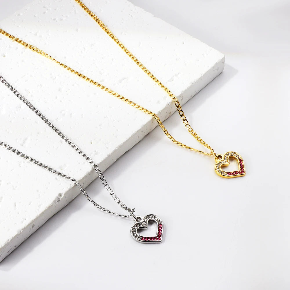 LUXUSTEEL New Stainless Steel Heart Pendant Necklace for Women Girls Temperament CZ Crystal Charm Choker Fashion Jewelry Gifts
