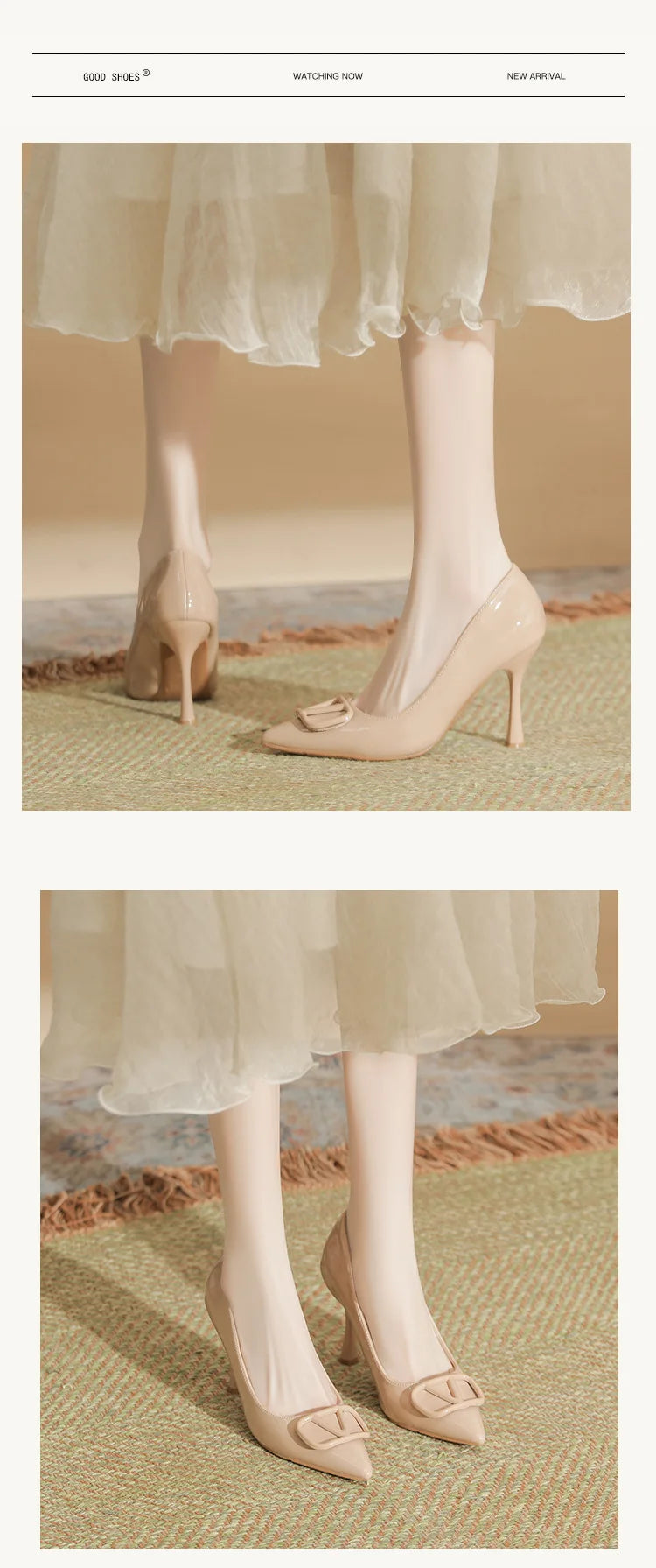 2025SS Ladies Latest 6-10CM Elegant Women's Nude Patent Leather Pumps V-Buckle Pointed Toe Thin Heel Niche Unique Design Shoes