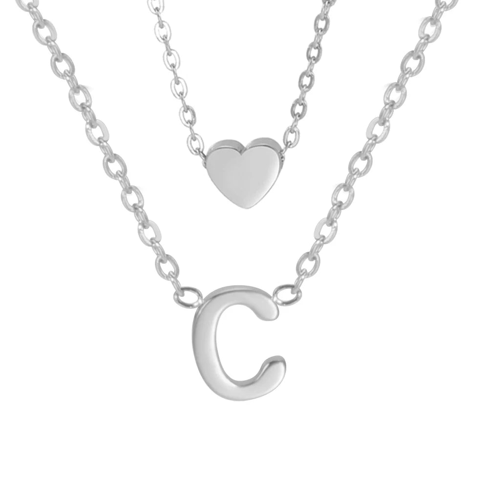 Amaxer Initial Letter Heart Pendant Double Layer Necklace For Women Girl A-Z Alphabet Stainless Steel Choker Collar Jewelry Gift