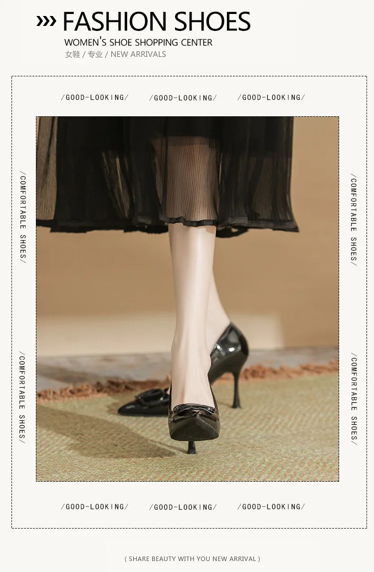 2025SS Ladies Latest 6-10CM Elegant Women's Nude Patent Leather Pumps V-Buckle Pointed Toe Thin Heel Niche Unique Design Shoes