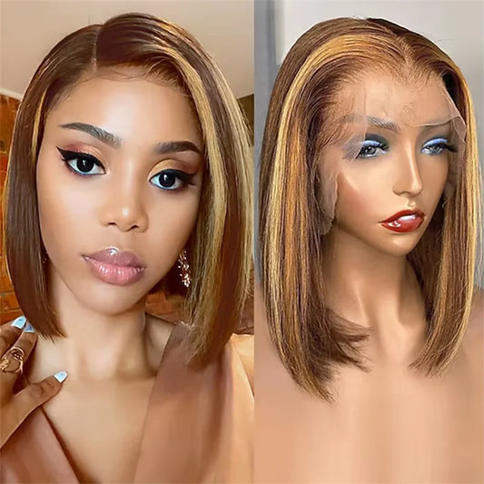 4/27 Highlight Bob Wigs Piano Colored Straight 13x4 Lace Frontal Human Hair Wig For Women Transparent Lace Front Bob Wigs