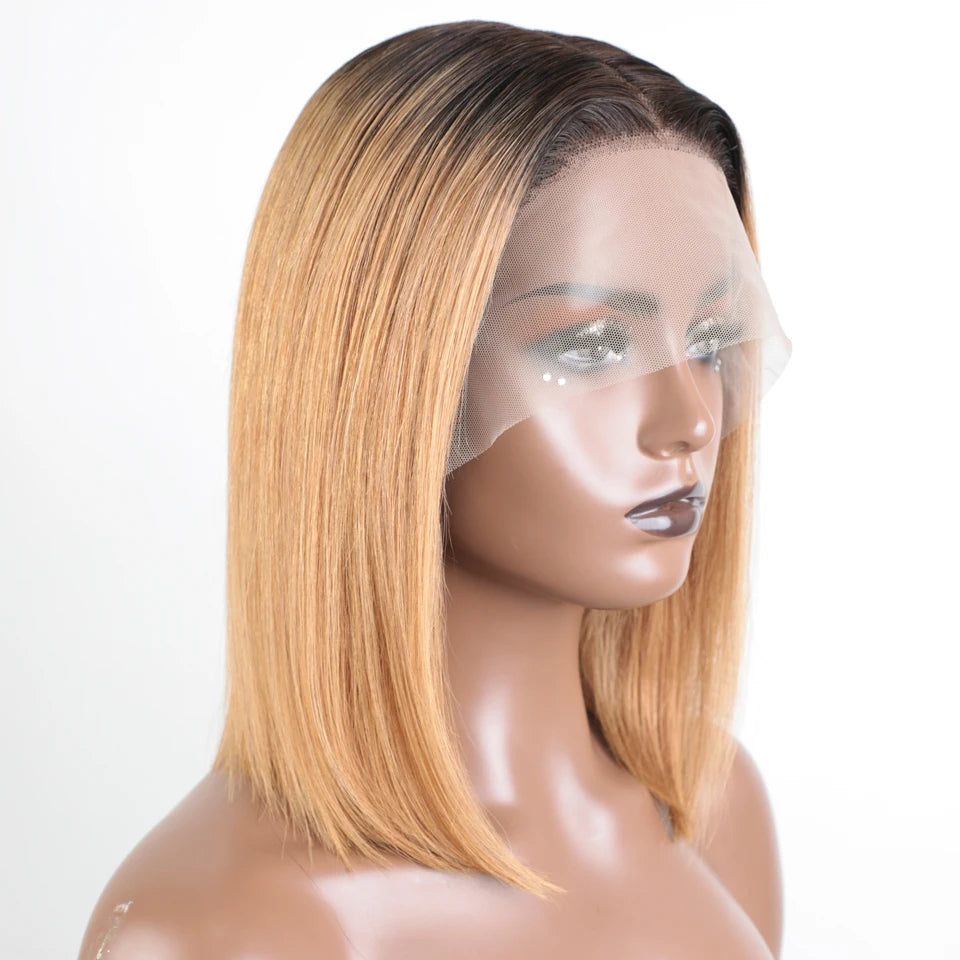 Lekker Highlight Brown Straight Bob 13x1 T Part Lace Front 100% Human Hair Wigs For Women Brazilian Remy Hair Colored Bob Wigs