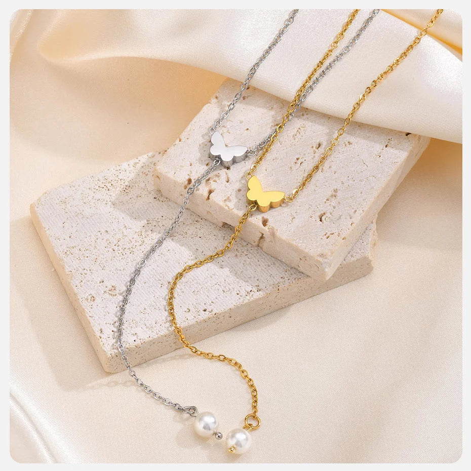 Vnox Heart Butterfly Charm Necklaces for Women, Simple Sweater Chain Collar, Y Necklaces Love Gift for Her