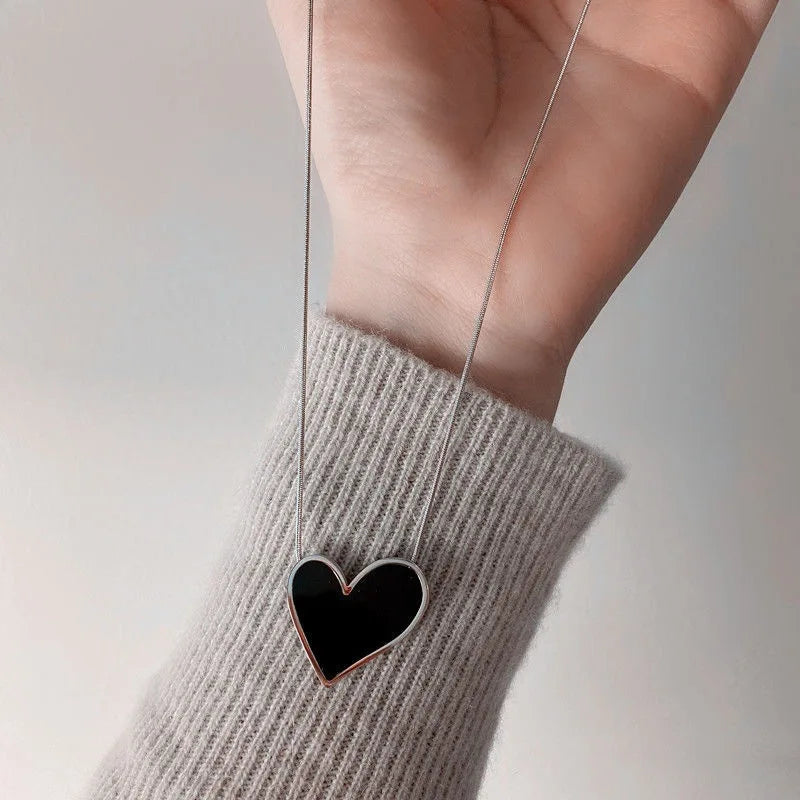 ENSHIR 316L Stainless Steel Big Black Love Heart Shell Necklace for Women Snake Chain Jewelry Gift Wholesale