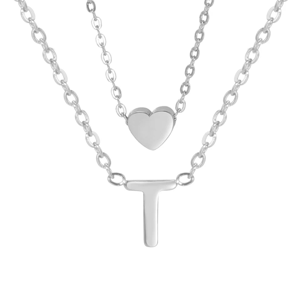 Amaxer Initial Letter Heart Pendant Double Layer Necklace For Women Girl A-Z Alphabet Stainless Steel Choker Collar Jewelry Gift