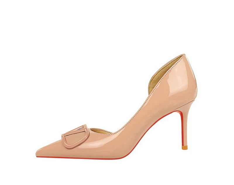 French Square Buckle Side Empty Slim Heel High Heels Women's Shoes Patent Leather Shiny Pointed Toe Shallow Mouth Single Shoes