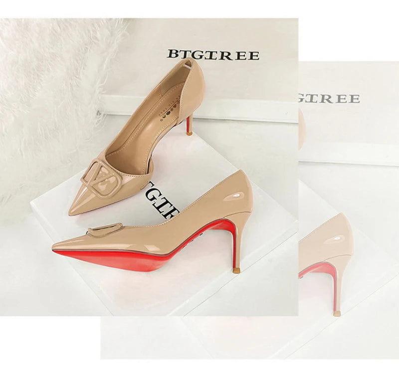 French Square Buckle Side Empty Slim Heel High Heels Women's Shoes Patent Leather Shiny Pointed Toe Shallow Mouth Single Shoes