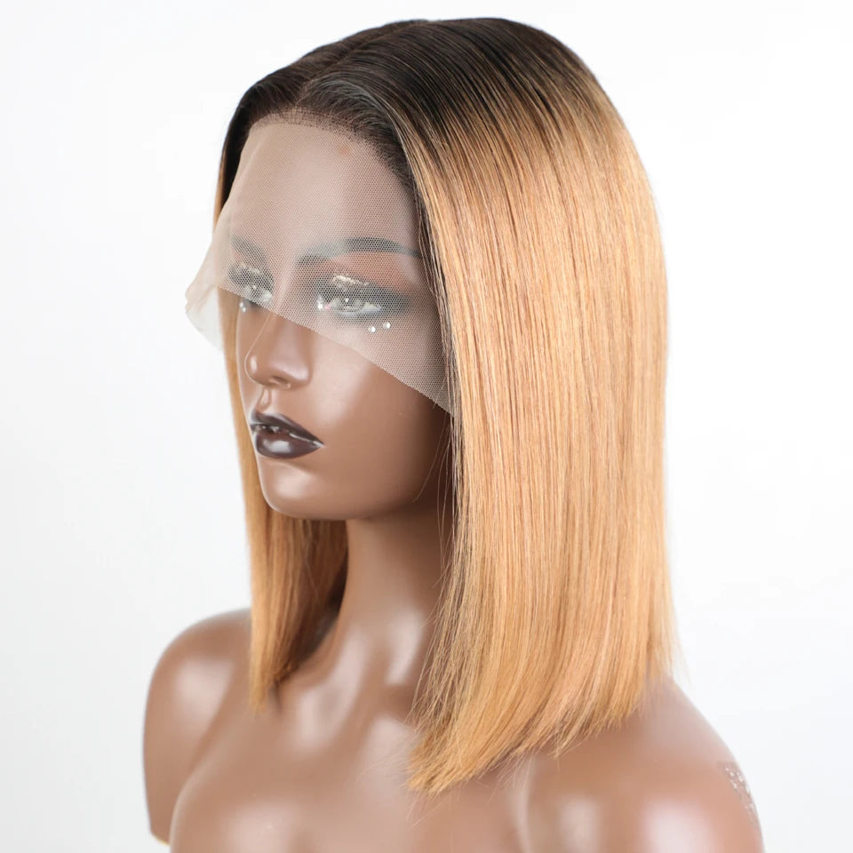 Lekker Highlight Brown Straight Bob 13x1 T Part Lace Front 100% Human Hair Wigs For Women Brazilian Remy Hair Colored Bob Wigs