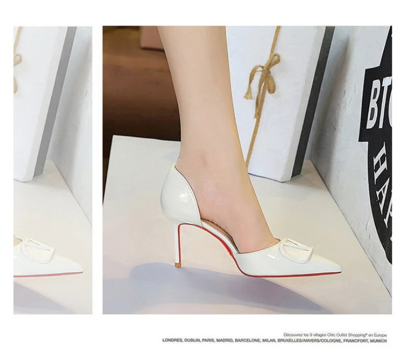 French Square Buckle Side Empty Slim Heel High Heels Women's Shoes Patent Leather Shiny Pointed Toe Shallow Mouth Single Shoes