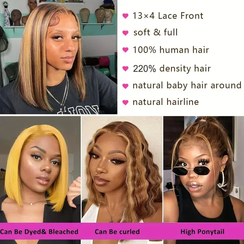 Peruca reta Bob com mechas Ombre, densidade 200%, 13x4 HD, renda frontal, 4/27, loira mel, brasileira, cabelo humano 100% pré-arrancado