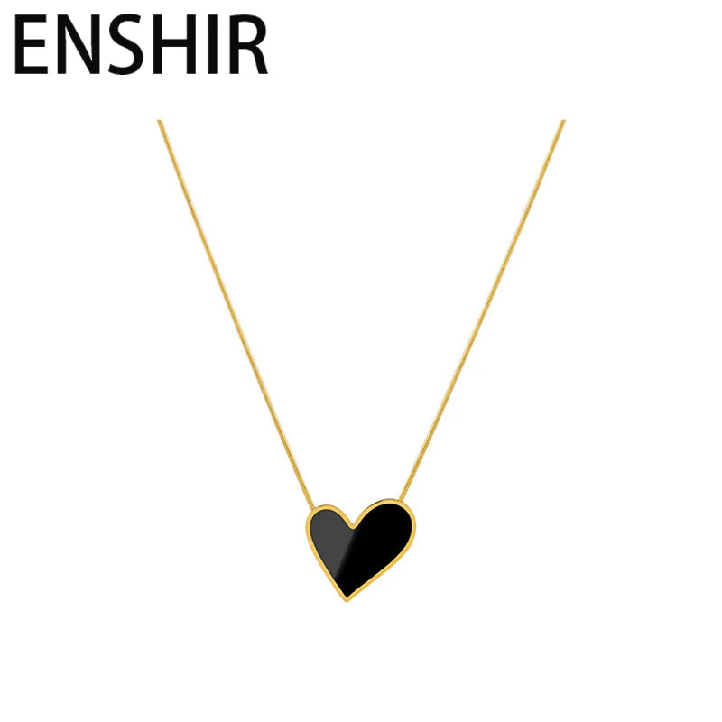 ENSHIR 316L Stainless Steel Big Black Love Heart Shell Necklace for Women Snake Chain Jewelry Gift Wholesale