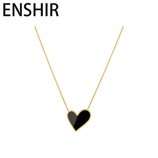 ENSHIR 316L Stainless Steel Big Black Love Heart Shell Necklace for Women Snake Chain Jewelry Gift Wholesale