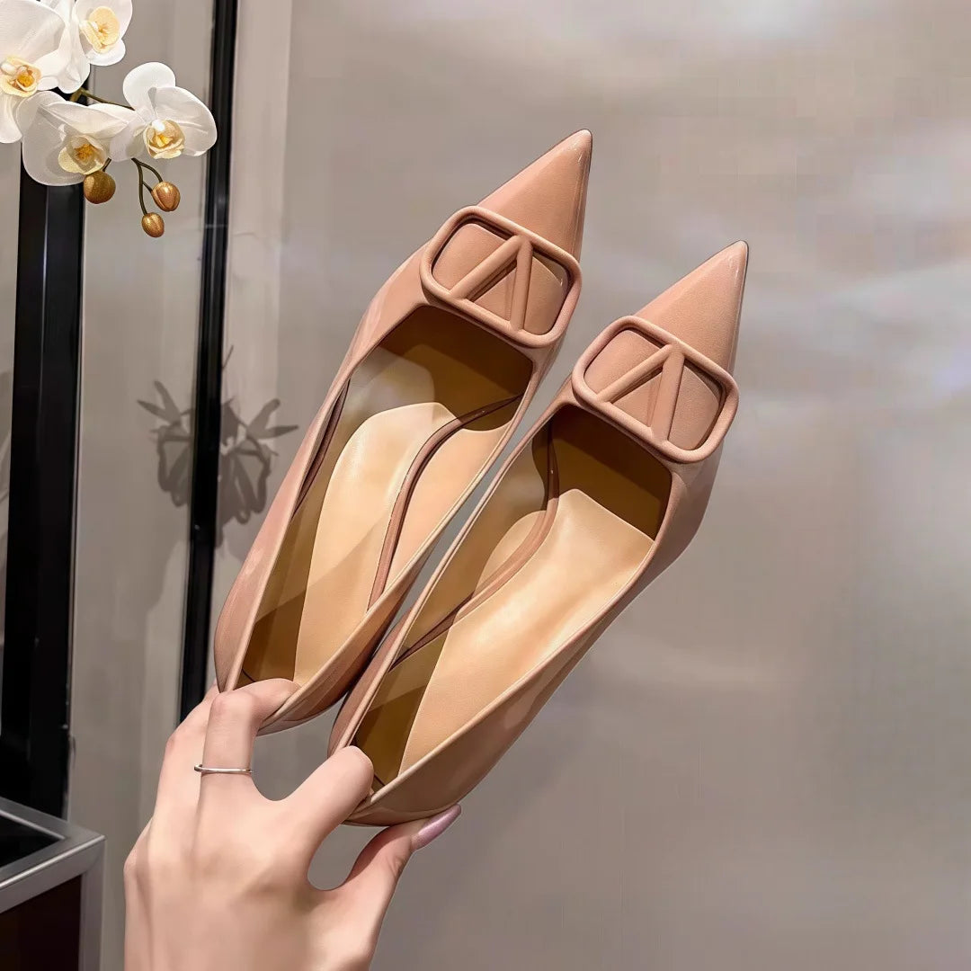 2025SS Ladies Latest 6-10CM Elegant Women's Nude Patent Leather Pumps V-Buckle Pointed Toe Thin Heel Niche Unique Design Shoes