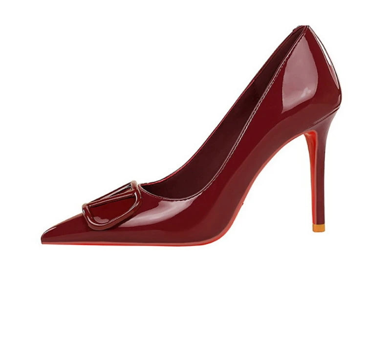European And American Style Banquet Temperament Pointed Toe High Heels Single Shoes Patent Leather V-Buckle Sexy Women's Shoes