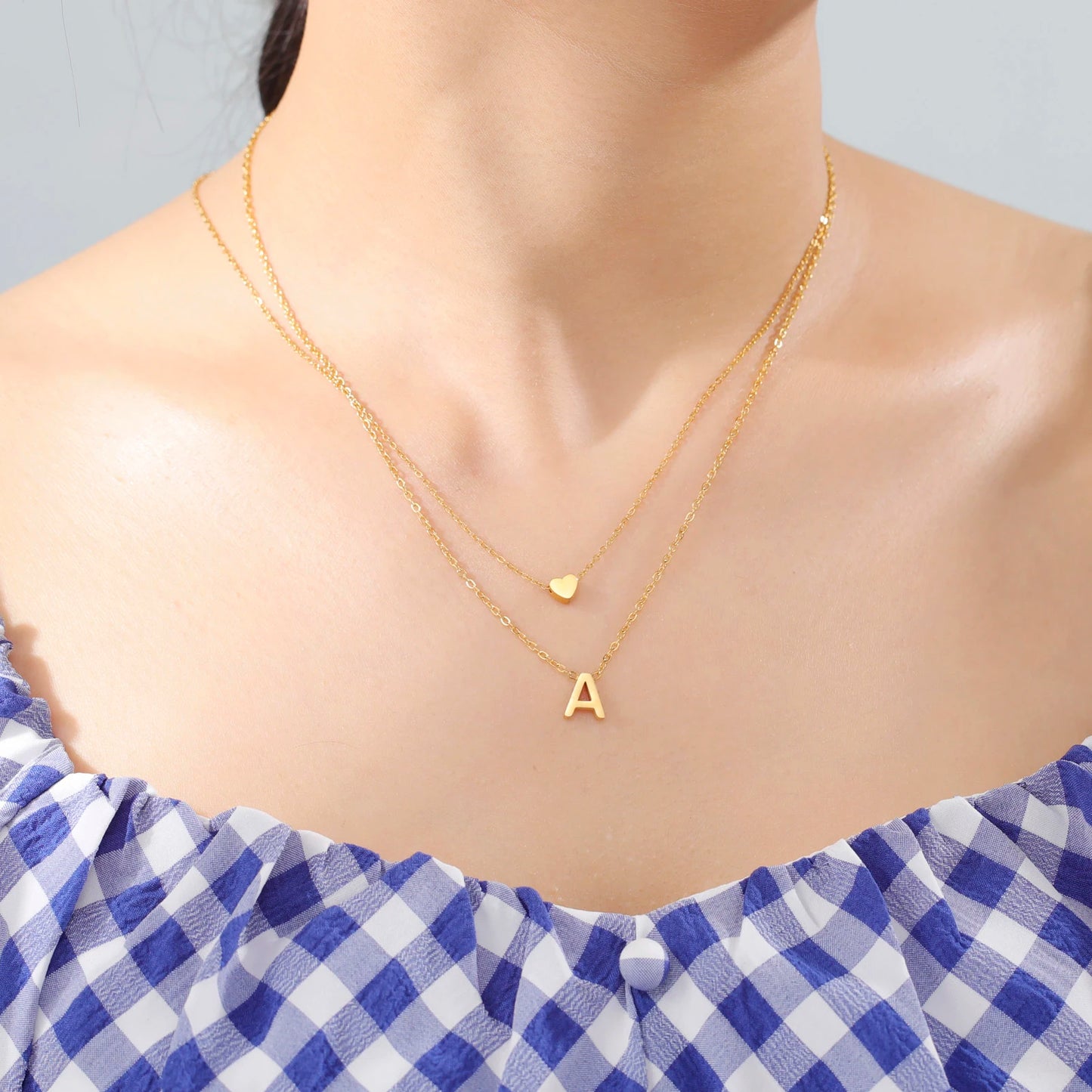 Amaxer Initial Letter Heart Pendant Double Layer Necklace For Women Girl A-Z Alphabet Stainless Steel Choker Collar Jewelry Gift