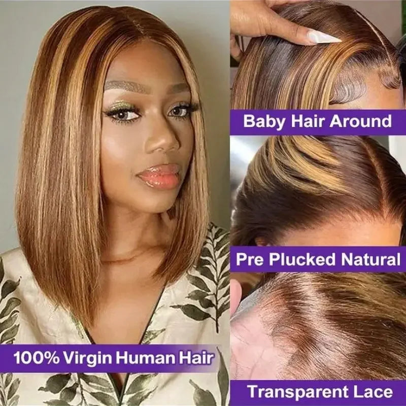 Peruca reta Bob com mechas Ombre, densidade 200%, 13x4 HD, renda frontal, 4/27, loira mel, brasileira, cabelo humano 100% pré-arrancado
