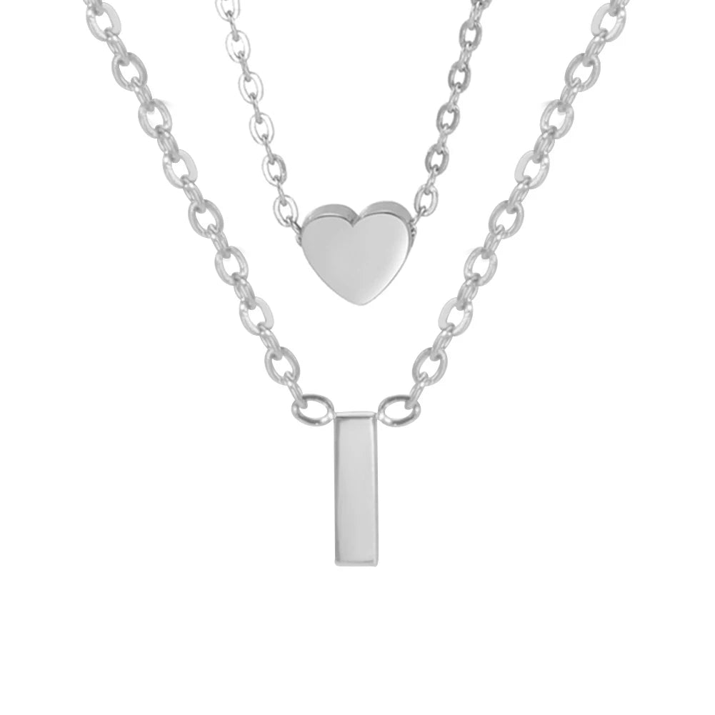 Amaxer Initial Letter Heart Pendant Double Layer Necklace For Women Girl A-Z Alphabet Stainless Steel Choker Collar Jewelry Gift