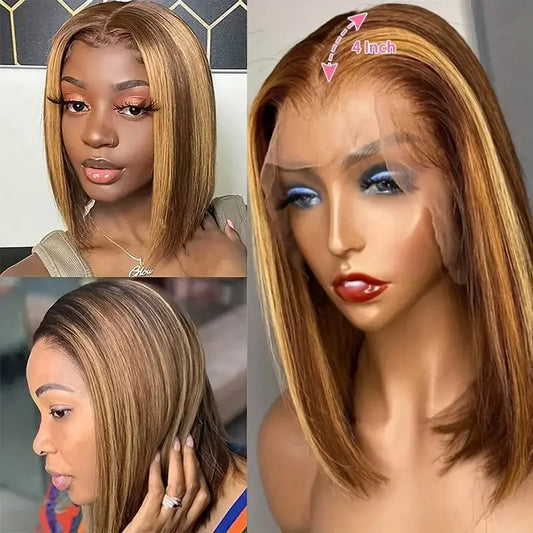 Peruca reta Bob com mechas Ombre, densidade 200%, 13x4 HD, renda frontal, 4/27, loira mel, brasileira, cabelo humano 100% pré-arrancado