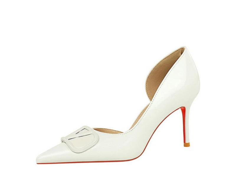 French Square Buckle Side Empty Slim Heel High Heels Women's Shoes Patent Leather Shiny Pointed Toe Shallow Mouth Single Shoes