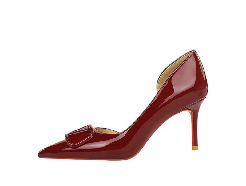 French Square Buckle Side Empty Slim Heel High Heels Women's Shoes Patent Leather Shiny Pointed Toe Shallow Mouth Single Shoes